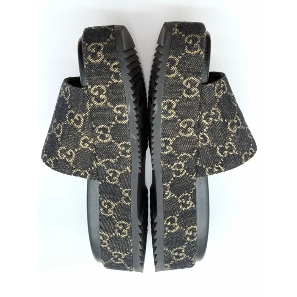 Gucci Angelina GG Monogram Platform in Black Denim Slide Sandals EU 39.5 US 9.5
